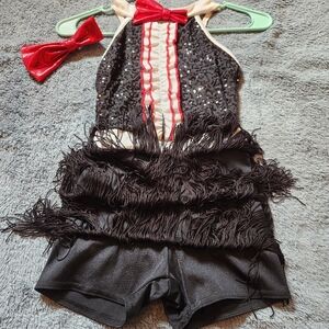 Black w/red &white, one piece, sequence, fringe, built in shorts, size 7-8